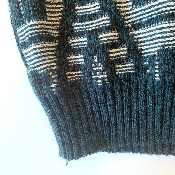 Urban Works Vintage Men’s Grandpa Sweater Real Leather Trim Teal/White Sz L - Picture 6 of 8